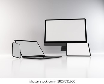 Realistic 3D Illustration Of Multiple Electronic Devices In White Background