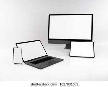 Realistic 3D Illustration Of Multiple Electronic Devices In White Background