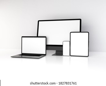 Realistic 3D Illustration Of Multiple Electronic Devices In White Background