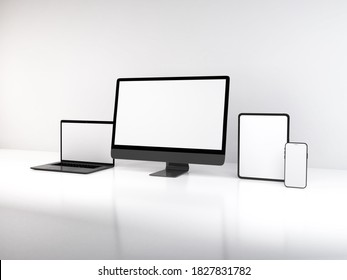 Realistic 3D Illustration Of Multiple Electronic Devices In White Background