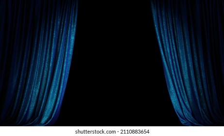 Realistic 3D Illustration Of The Opened Luxurious And Fancy Textured Blue Stage Curtain With Carpet Floor