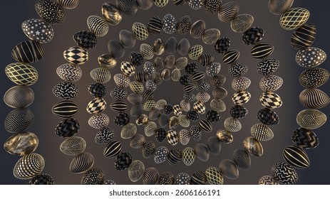 Realistic 3d illustration of a set of Easter eggs in a spiral shape with different ornaments and materials, decorative patterns made of gold and silver on a dark and black background
