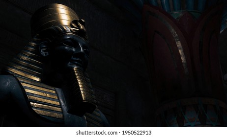 Realistic 3d illustration of a statue of a pharaoh in a lost buried tomb