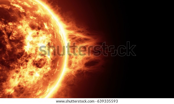 太陽のフレアを使用した 太陽のサーフェスのリアルな3dイラスト コピー用スペースを使用した太陽の焼き付き 非常にリアルな太陽 サーフェス 科学と宇宙の背景 のイラスト素材