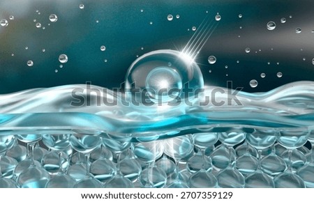 A realistic 3D macro rendering illustrating a clear, mint-green cosmetic serum or moisture essence drop resting on and penetrating a highly magnified, quilted surface, symbolizing the skin's texture