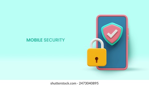 Realistic 3d mobile security concept. Lock with Protection shield