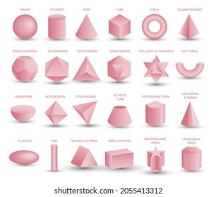 Realistic 3D Pink Geometric Shapes Isolated On White Background. Maths Geometrical Figure Form, Realistic Shapes Model. Platon Solid. Icons, Logos For Education, Business, Design, Game