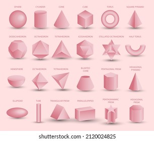 Realistic 3D Pink Geometric Shapes Isolated On Pink Background. Maths Geometrical Figure Form, Realistic Shapes Model. Platon Solid. Icons, Logos For Education, Business, Design, Game