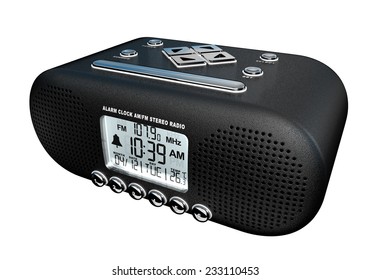 Realistic 3D render of an alarm clock am/fm stereo radio isolated over white background