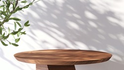 Realistic 3D Render Background For Products Overlay. Close Up Of A Round Empty Teak Wood Table With Sunlight And Leaves Shadow On White Wall Behind. Organic Beauty, Natural Concept. Mock Up, Podium.