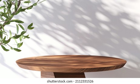 Fondo de representación 3D realista para superposición de productos. Se cierra una mesa redonda de madera de teca vacía con luz solar y deja sombra en la pared blanca detrás. Belleza orgánica, concepto natural. Burlarse, Podium.