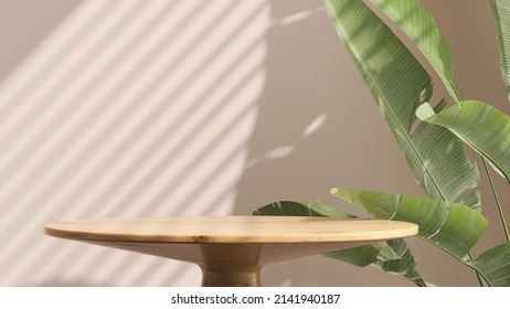 Realistic 3D Render Background For Products Overlay. Close Up Of Round Empty Oak Wood Table With Sunlight With Tropical Leaves Plants. Organic Beauty, Natural Concept. Mock Up, Podium, Spa, Sunscreen.