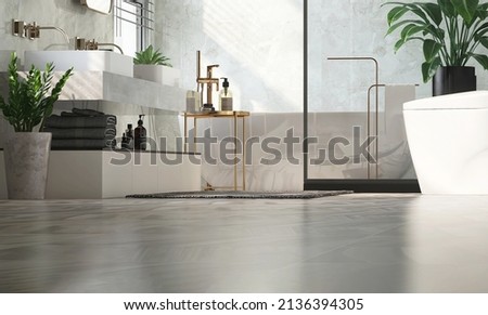 Realistic 3D render bathroom interior design in low shot, modern luxury style. Beautiful white ceramic, bath tub, and toilet with partition, houseplants, Marble wall and empty floor. Cleaning products