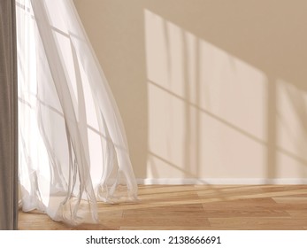 Realistic 3D render of beautiful sunlight and window frame shadow on beige blank wall, white sheer curtains blowing in the wind in an empty room. Shiny new wooden parquet floor. Background, Interior. 
