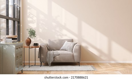 Realistic 3D Render Beige Tone Cozy Living Room With A Comfy One Seated Sofa And Cushion, Side Table And A Classic Sideboard. Morning Sunlight From The Window. Space For Household Products Display.