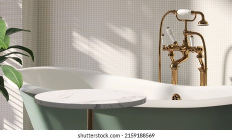 Un 3D realista representa una mesa vacía de mármol en blanco para los productos que se burlan del moderno cuarto de baño de lujo con una clásica bañera vintage y grifos dorados situados en segundo plano. Baldosas de mosaico en las paredes, espacio para copiar. 