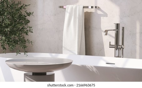 Realistic 3D Render Blank Empty Round Table For Beauty Products Display With White Ceramic Bathtub In Modern Luxury Bathroom , Marble Wall Tiles, Mediterranean Green Plants, Towel. Morning Sunlight.