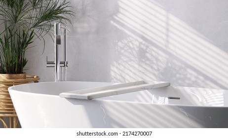 Realistic 3D render a blank empty marble tray for products mock up in modern luxury bathroom with white ceramic bathtub and faucets set. Sunlight, Granite marble wall tiles, Copy space, Home spa.