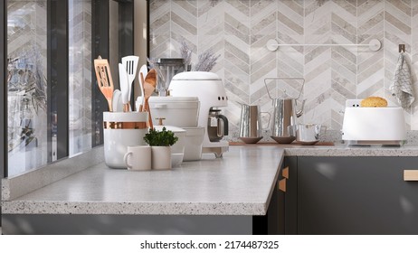 Realistic 3D Render Blank Empty Space On Granite Kitchen Counter Top By The Window With All The Cooking Culinary, Utensils And Kitchenware In Background. Products Display, Backdrop, Morning Sunlight.