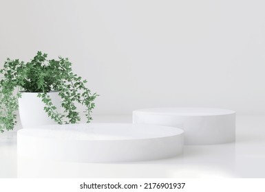 Realistic 3D render blank empty pairs of white cylinder podiums for products display background with decor green leaves plants in a pot, Presentation, template, Natural, Platform, Showcase, Stage.