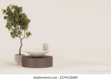 Realistic 3D render blank empty stylish white round table for beauty cosmetic display with mediterranean green plants and granite marble wall in background. Morning sunlight, Mock up, Podium, Natural
