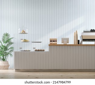 Realistic 3D Render Cafe Interior Design In Pastel Minimal Style, Front View Of Coffee Shop Counter With Bakery Display And Decoration Plants. Blank Blue Wall Panel, Morning Sunlight, Homemade, Mockup