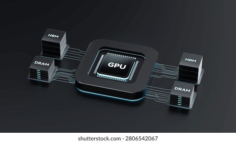 Realistic 3D render of central GPU graphics processor chip connected to HBM and DRAM memory modules on dark glossy futuristic background with glowing blue circuit lines