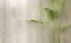 Realistic 3D Render Clear Reeded Glass Shower Screen With Tropical Green Banana Leafs Plant In Background. Modern, Beautiful Texture, Material, Freshness, Backdrop, Partition, Natural Concept, Space.