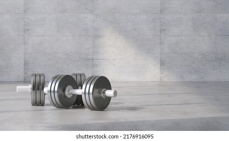 Realistic 3D Render Close Up Adjustable Iron Dumbbell Weight Set On Polished Cement Floor With Blank Space For Healthy Product Display. Concrete Wall, Morning Sunlight, Gym, Fitness, Exercise, Lifting