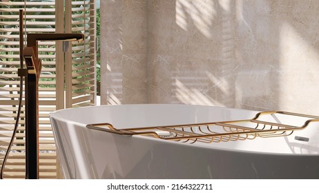 Realistic 3D Render Close Up Blank Empty Luxury Gold Bath Caddy Rack On White Ceramic Bathtub In Elegant Stylish Bathroom. Products Display, Mock Up, Backdrop, Templates, Morning Sunlight, Home Spa.