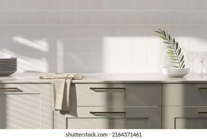 Realistic 3D Render Close Up Blank Empty Space Countertop In Modern Grey Build In Kitchen Cabinet Set For Household Products Display With White Ceramic Wall Tiles In Background. Sunlight, Utensils.