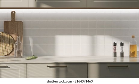 Realistic 3D Render Close Up Blank Empty Space Countertop In Modern Grey Build In Kitchen Cabinet Set For Household Products Display With White Ceramic Wall Tiles In Background. Sunlight, Utensils.