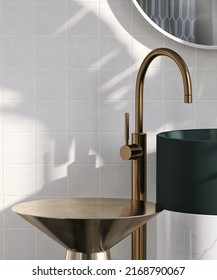 Realistic 3D Render Close Up Blank Empty Metal Gold Round Podium For Product Display Next To A Modern Stylish Teal Green Ceramic Wash Basin With Stainless Steel Brass Faucet. White Wall Tiles, Space.