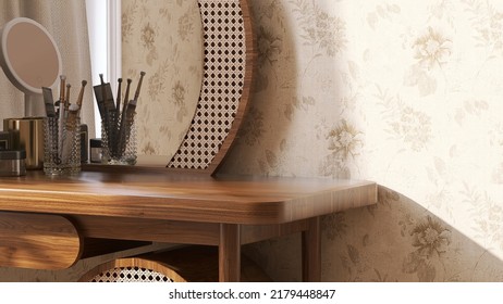 Realistic 3D Render Close Up Blank Space On Asian Style Wooden Dressing Table For Beauty Cosmetics Display With Morning Sunlight. Floral Pattern Wallpaper, Brown, Oriental, Antique, Make Up, Sunlight.