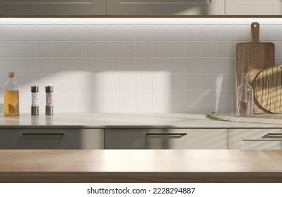 Realistic 3D render close up blank empty polished fine wooden kitchen island in modern kitchen room for household products display backdrop, templates, Home, Cooking, Food preparation, Sunlight.