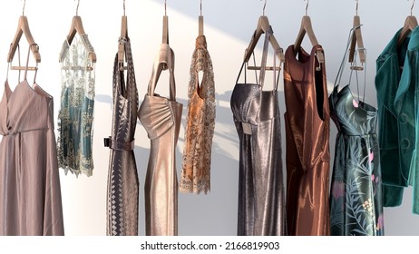 Realistic 3D Render Close Up Collections Of Beautiful Prom Evening Dresses And Long Formal Gown Hanging In Shop Display. Clothing, Fashion Designer, Dressmaking, Wedding, Dress Code, Haute Couture.