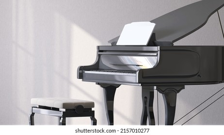 Realistic 3D render close up an elegant shinny new grand piano with bench with morning sunlight, Grey fabric wallpaper in background. Copy space, Jazz, Classic, Backdrop, Music Instrument, Empty wall.