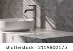 Realistic 3D render close up perspective blank empty marble counter top for product display with modern white ceramic wash basin and faucet. Morning sunlight and blind curtains shadow on granite wall.