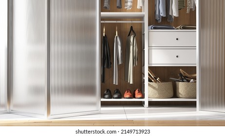 Realistic 3D Render Close Up Walk In Closet With Modern Frosted Glass Folding Door. Neatly Organized Wardrobe, Cloths, Shoes, Copy Space, Morning Sunlight, Flooring, Wooden, Storage, Background, Open.