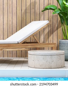 Realistic 3D Render Close Up White Empty Stone Side Table And Nice Wooden Sun Tanning Bed With White Mat By The Swimming Pool With Tropical Plant And Wooden Fence In Background. Summer, Sunny, Outdoor