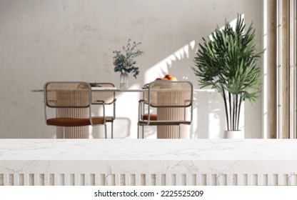 Realistic 3D render closeup blank empty space on white marble counter top with blurred mid-century modern style furniture dining table set, beautiful sunlight, tropical green fan palm. Backdrop.