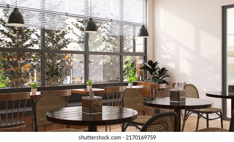 Realistic 3D Render Contemporary Style Cafe With Empty Tables And Chairs And Long Bench Sofa Seat And Wooden Tables By The Window. Morning Sunlight, Coffee Shop, Restaurant, Perspectives, Blank, Urban