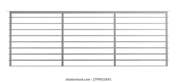 realistic 3d render displaying a front elevation view of a modern metal railing fence. the architectural structure shows a grid of sleek horizontal bars, sturdy vertical posts, and clean lines.
