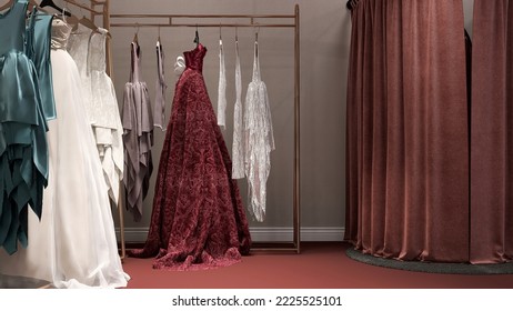 Realistic 3D render elegance couture dressmaking shop with luxury velvet red evening gown, white lace dress, premium satin cloths. Free-standing fitting room with curtain. Designer, Business, Interior - Powered by Shutterstock