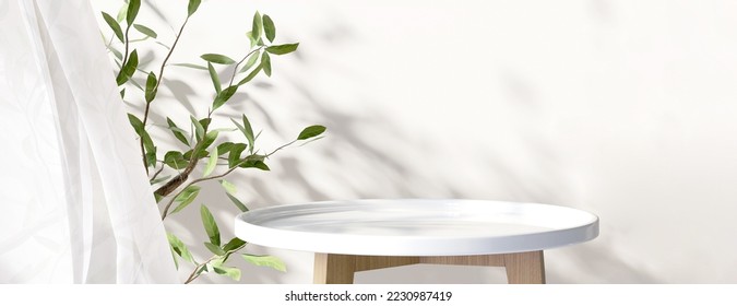 Realistic 3D render empty clean white table tray podium with green leafs plant, blowing curtains, beautiful foliage leaves shadow on white blank wall, Background, Beauty, Skincare, Products display.