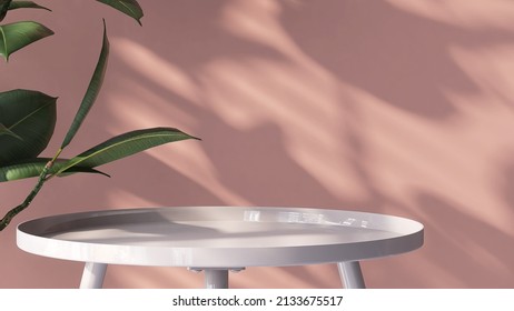 Realistic 3D Render Of An Empty Shiny Light Pink Tray In Front Of Blank Pastel Pink Wall With Beautiful Plants, Sunlight, Leaves Shadow, Background, Beauty, Skincare, Products Overlay, Natural Concept