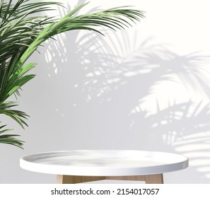 Realistic 3D Render An Empty Shiny White Table Tray Podium With Green Palm Leaf And Beautiful Foliage Leaves Shadow On White Blank Wall, Background, Beauty, Skincare, Products Overlay, Natural Concept