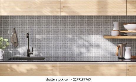 Realistic 3D Render Empty Space On Granite Kitchen Counter Top With Modern Black Washing Sink, Faucet. Gray Mosaic Wall Tiles, Oak Wood Cabinet, Morning Sunlight, Chores, Cleaning Products Overlay.