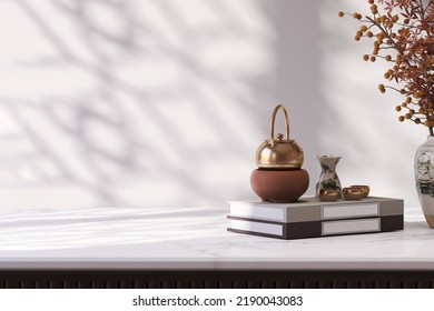 Realistic 3D Render Empty Space On White Marble Table Top With Luxury Tradition Japanese Tea Set, Shiny Golden Kettle And Cups On Chinese Handmade Notebook, Sunlight, Window Frame Shadow, Background.