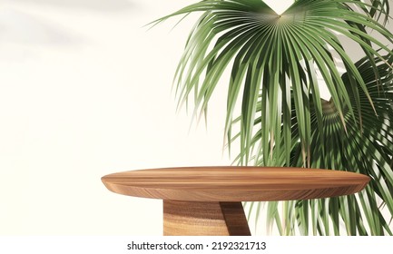 Realistic 3D render empty space on teak wood stand with tropical fresh fan palm leaves on beige background for products display. Sunlight, Hawaii, Table top, Podium, Templates, Backdrop, Beauty.